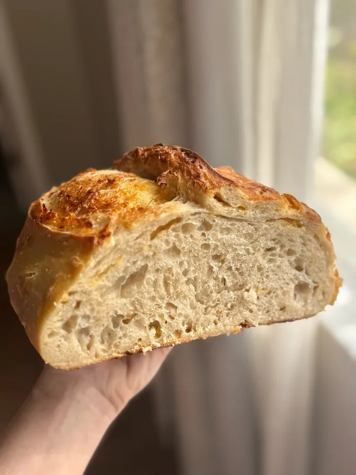 Cut sourdough loaf held by hand near a window, showing an airy interior crumb and browned crust