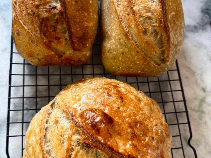Three original sourdough loaves with scored golden crusts cooling on a wire rack