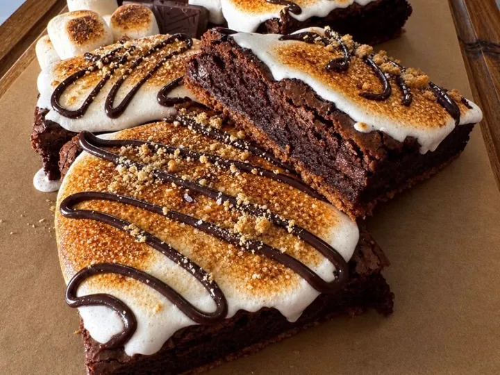 S'mores brownies with toasted marshmallow, chocolate drizzle, and graham cracker crumbs on parchment