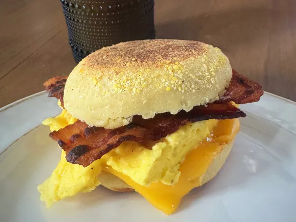 Bacon, egg, and cheese breakfast sandwich on a homemade English muffin